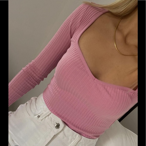 🤍 ZARA Pink Ribbed Queen Anne Sweetheart Neckline Shirt - Picture 1 of 16